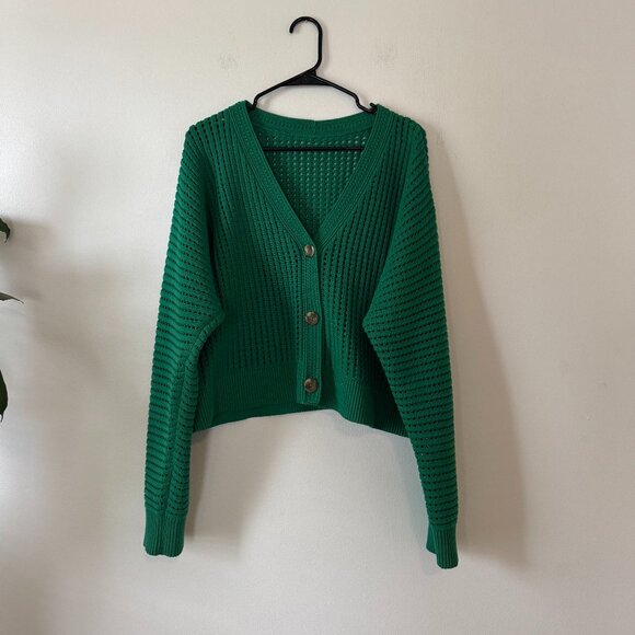 Lululemon Cotton Crochet Mesh Relaxed-Fit Cardigan Green - Picture 1 of 9
